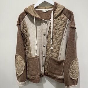 Pol Quilted Hooded Lightweight Jacket M Boho Indie Mixed Media Waffle Ribbed